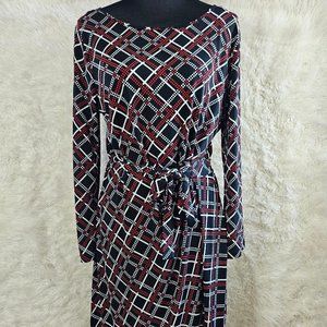 Anne Klein Women's Red and Black Plaid Long Sleeves Crew-Neck Wrap Dress Size L